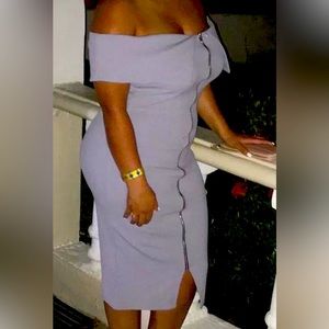 Off the shoulder lavender dress.